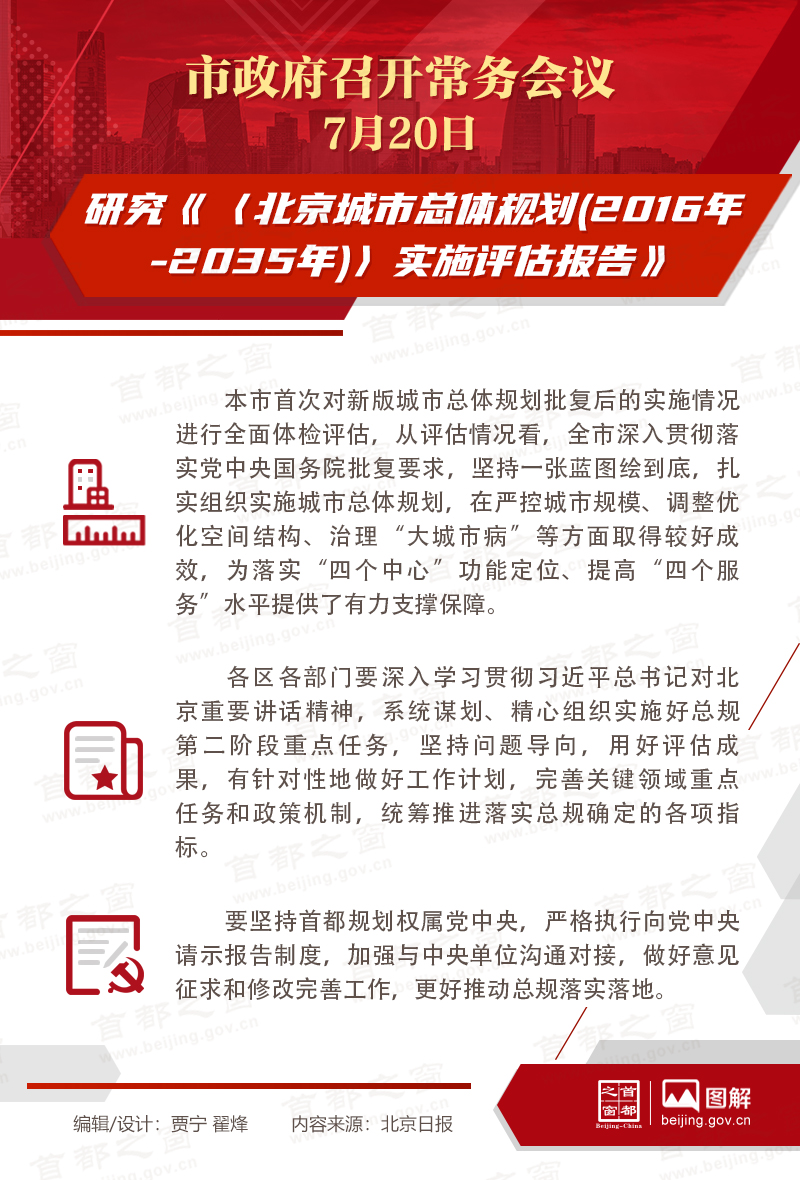 市政府常務會議：研究《〈北京城市總體規劃(2016年-2035年)〉實施評估報告》