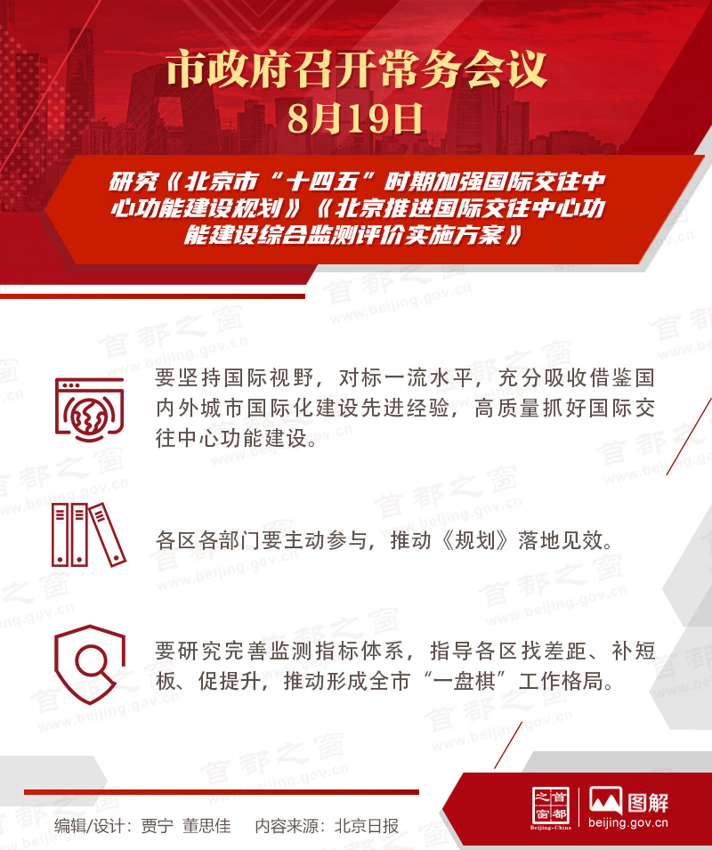 市政府常務會議：研究《北京市“十四五”時期加強國際交往中心功能建設規劃》《北京推進國際交往中心功能建設綜合監測評價實施方案》