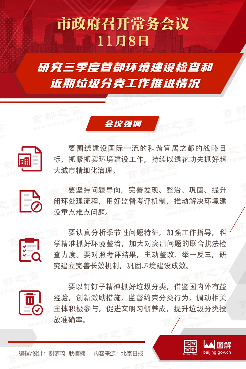市政府常務會議：研究三季度首都環境建設檢查和近期垃圾分類工作推進情況