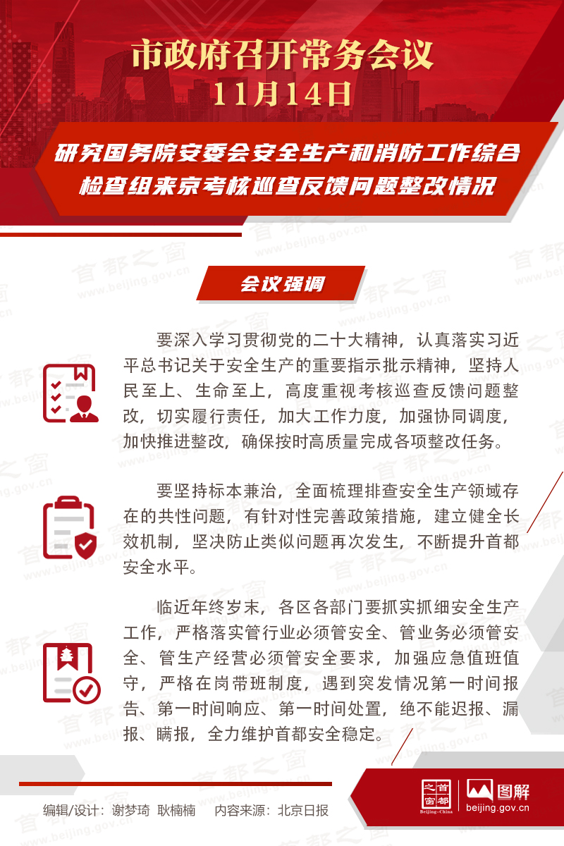 研究國務院安委會安全生産和消防工作綜合檢查組來京考核巡查反饋問題整改情況