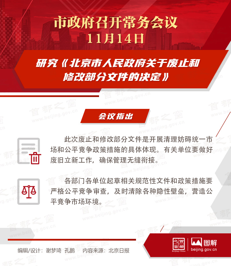 市政府常務會議圖解：研究《北京市人民政府關於廢止和修改部分文件的決定》