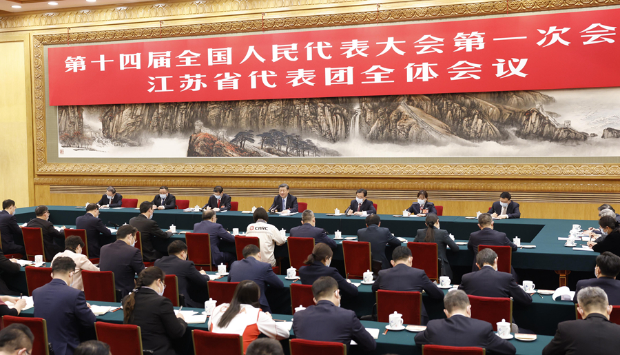 3月5日，中共中央總書記、國家主席、中央軍委主席習近平參加他所在的十四屆全國人大一次會議江蘇代表團審議。