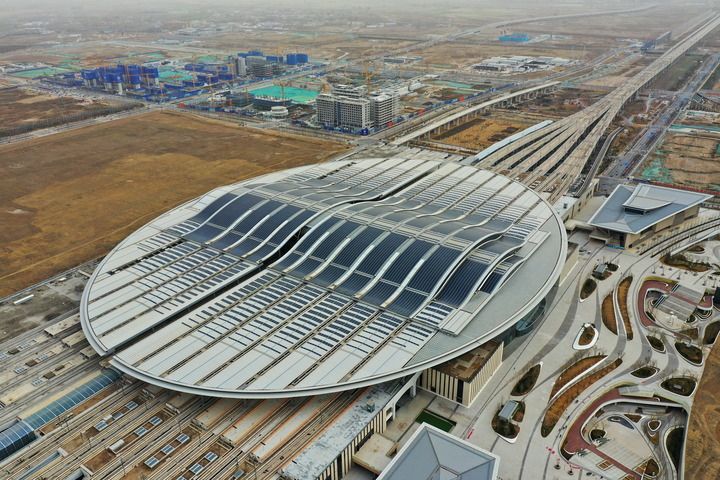 這是京雄城際鐵路雄安站（3月23日攝，無人機照片）。