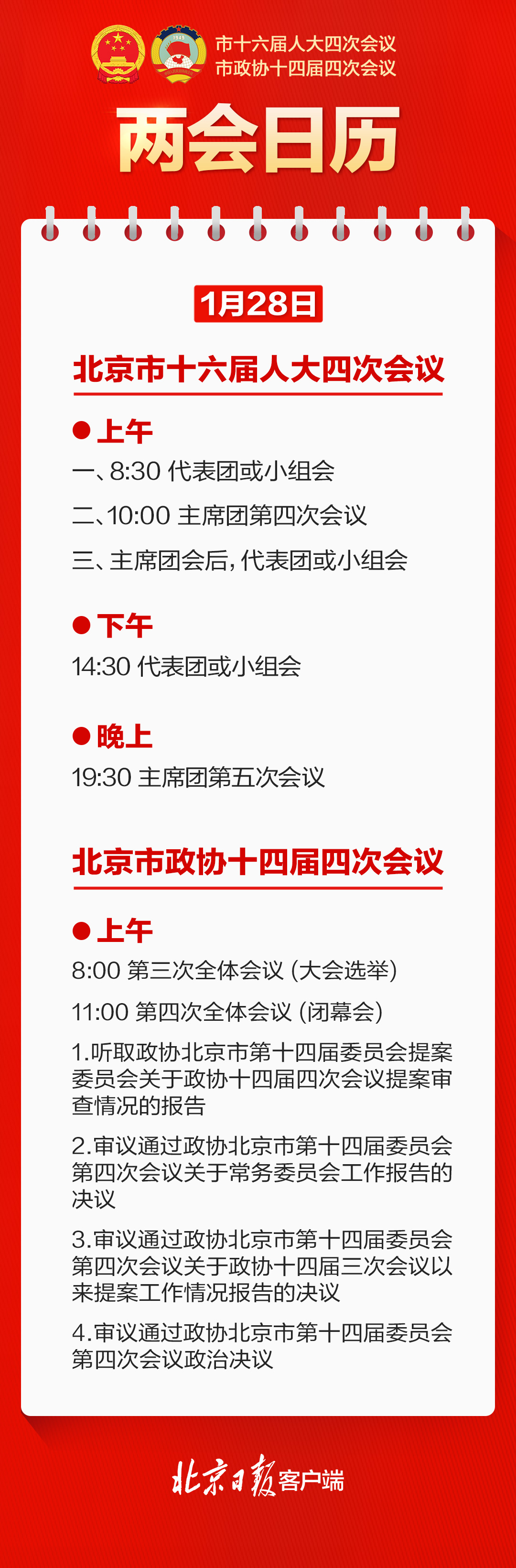 兩會日曆｜北京市政協十四屆四次會議1月28日上午閉幕