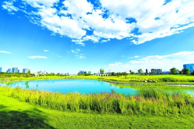 藍天白雲下，城市副中心五河交匯處美如畫卷。