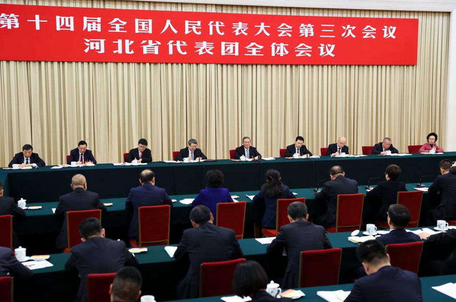 3月6日下午，中共中央政治局常委、國務院總理李強參加十四屆全國人大三次會議河北代表團審議。