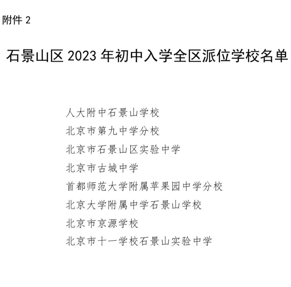 附件2：石景山區2023年初中入學全區派位學校名單