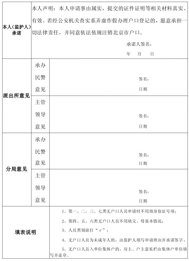 無戶口人員辦理落戶申請表