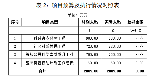 表2：项目预算及执行情况对照表
