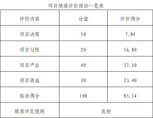 项目绩效评价结论一览表