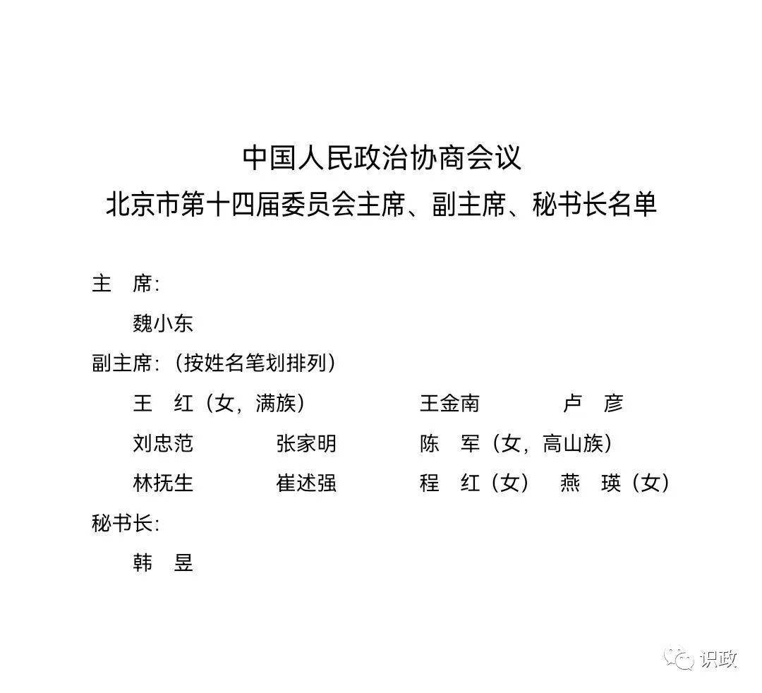 中国人民政治协商会议北京市第十四届委员会主席、副主席、秘书长名单