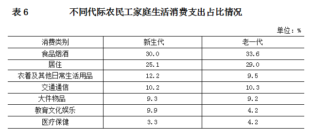 不同代际农民工家庭生活消费支出占比情况