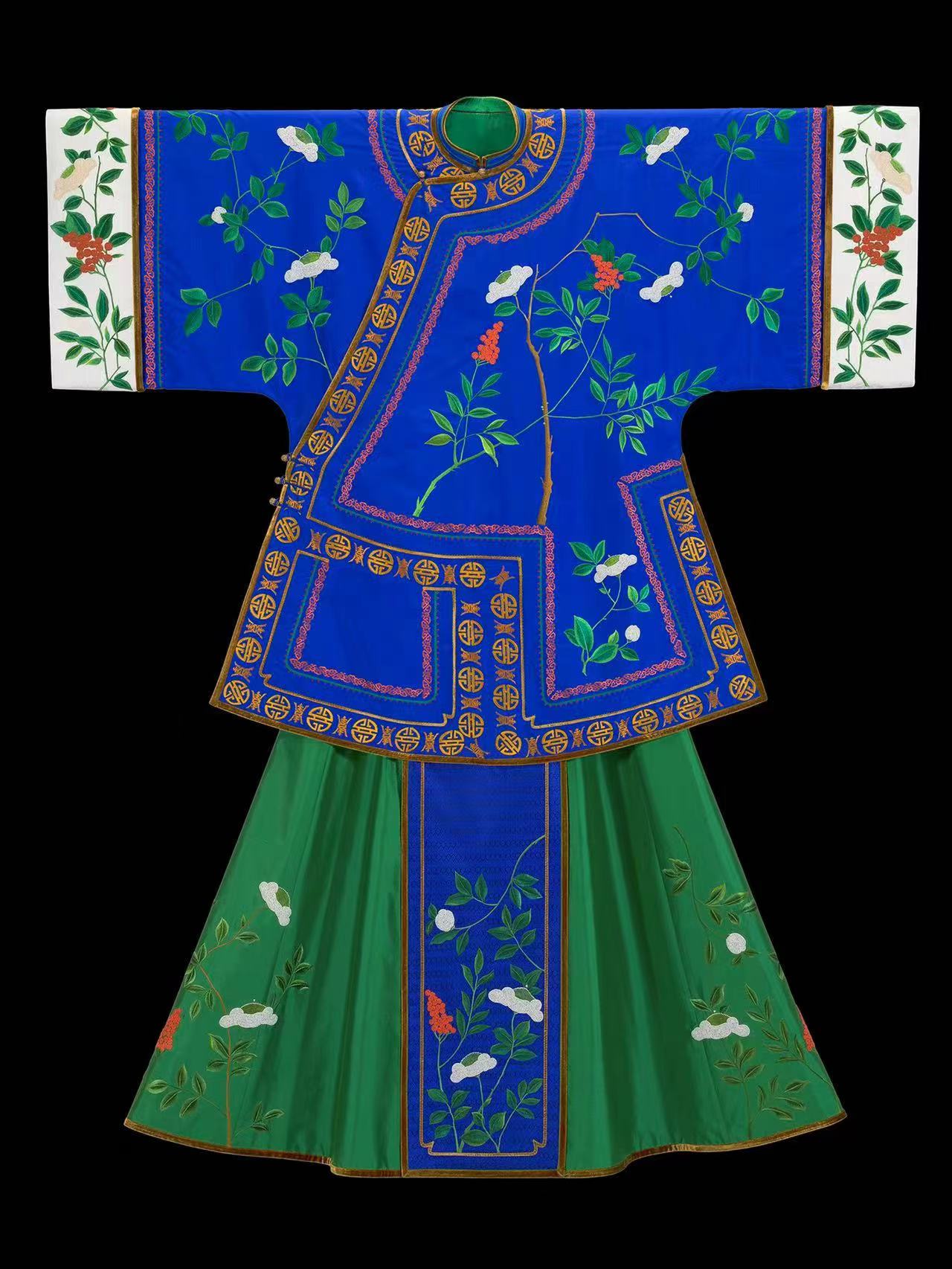 京绣-宝石蓝绸绣青绿枝间福寿绵延袄褂配绿绸马面裙