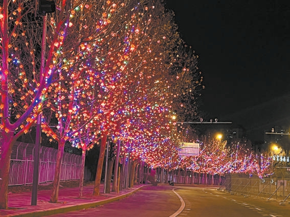 紧邻冬奥村的奥体中路火树银花、灯光璀璨。