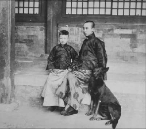 末代皇帝溥仪与婉容的弟弟润麒在养心殿后殿体顺堂前，身旁一只德国黑狗毛色亮泽，精神抖擞。