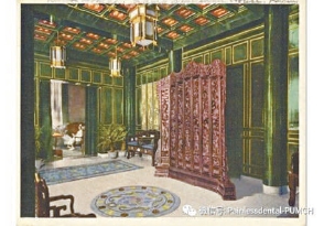 女护士宿舍大堂。选自阿东照相馆为新建立的协和医院拍摄制作的一套彩色明信片，摄于1921年至1928年间。