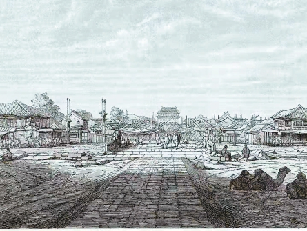 1864年《普鲁士特使远东风景记录》中的天桥与两侧碑亭基址
