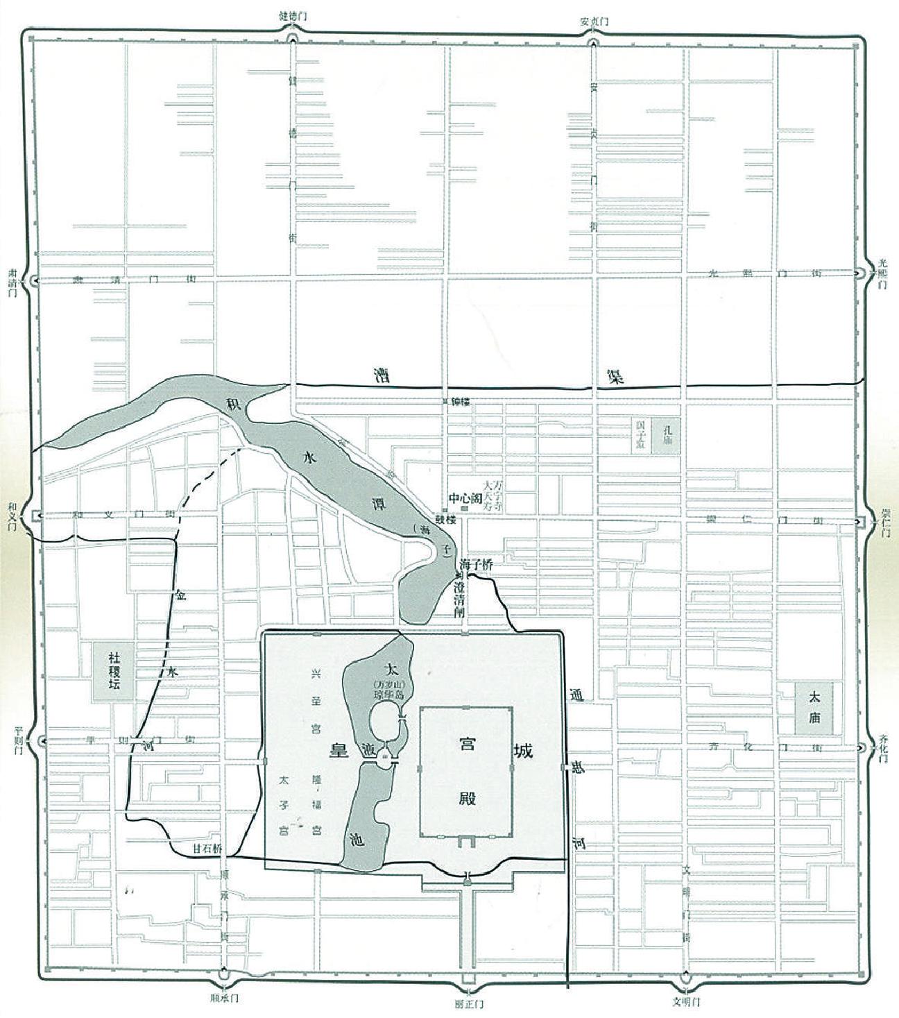 大都城平面设计与水道分布图，引自首都博物馆编《古都北京：城建篇》