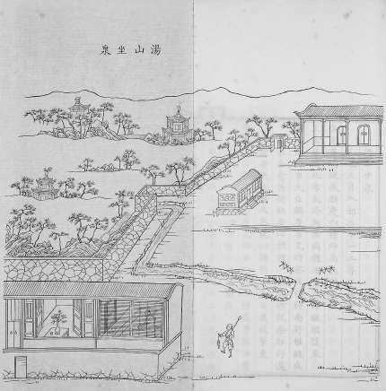 1837年，麟庆在《鸿雪姻缘图记》中所绘制的“汤山坐泉”，包括前宫一角和后宫宫门。