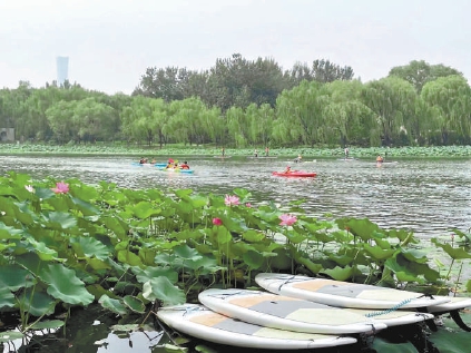 朝阳公园湖面上，市民体验皮划艇、桨板等水上运动。（赵语涵 摄）