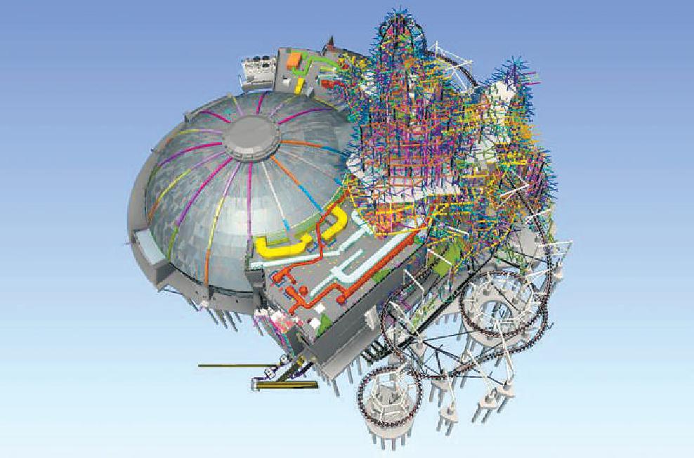 北京环球影城项目201单体——侏罗纪世界飞龙居的3D模型，该模型利用BIM技术制作而成。