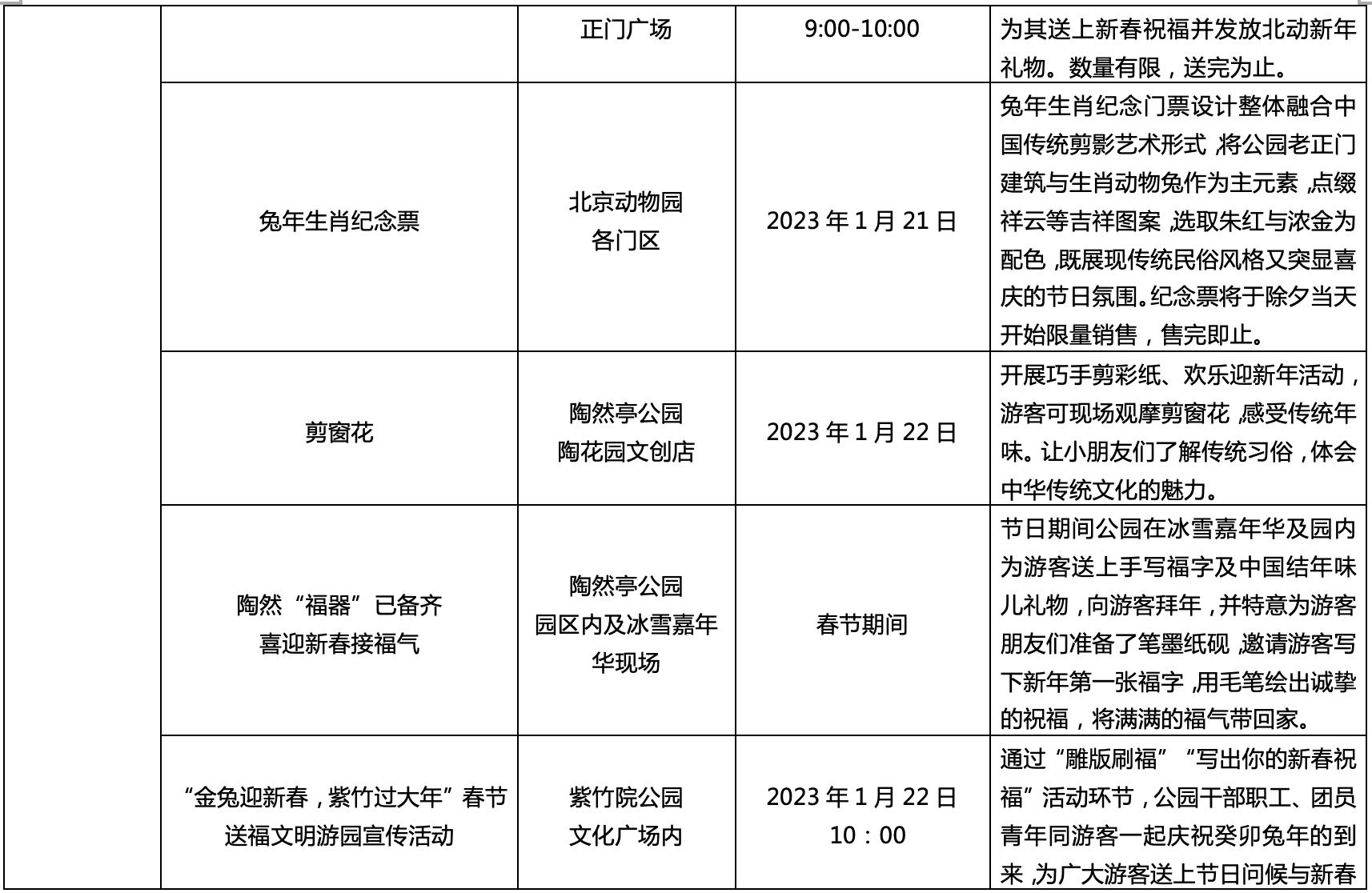 北京市公园管理中心2023年春节文化活动一览表