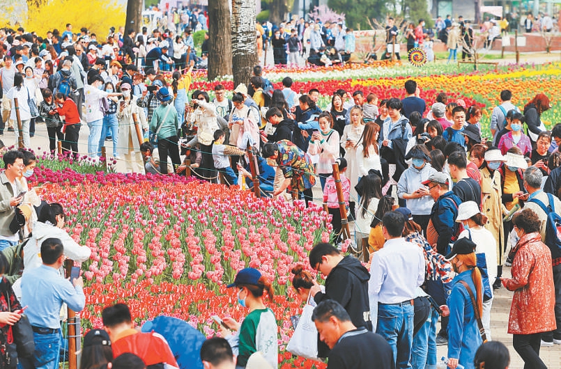 4月9日，国家植物园里的郁金香竞相开放，明艳多彩的景色吸引了大批游客前来拍照留念。