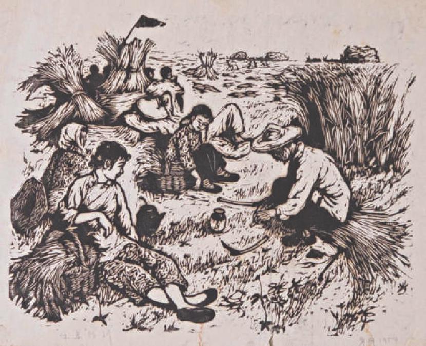 王麦杆木刻版画《休息时刻》（1954年）。