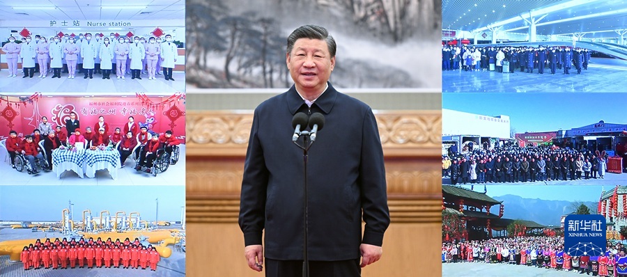 1月18日，中共中央总书记、国家主席、中央军委主席习近平在北京通过视频连线看望慰问基层干部群众，向全国各族人民致以新春的美好祝福（拼版照片）。