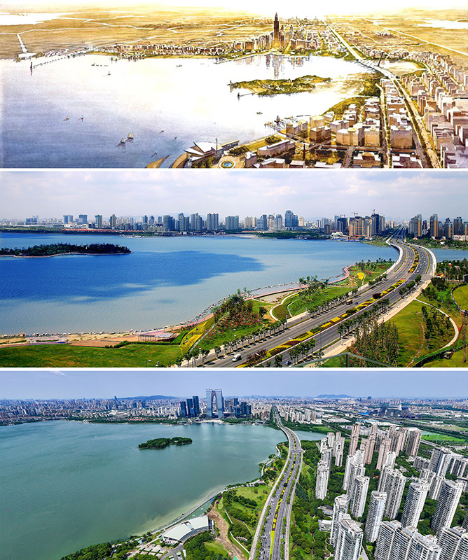 拼版照片：上图为1994年绘制的苏州工业园区手绘规划图；中图为2007年拍摄的苏州工业园区；下图为2023年7月4日无人机拍摄的苏州工业园区