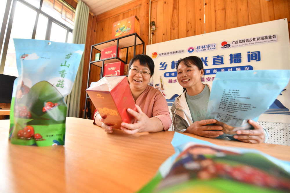 2023年10月8日，在广西柳州市融水苗族自治县安陲乡江门村，江门村党总支书记、村委会主任杨宁（左）和同事在乡村振兴直播间准备直播工作。