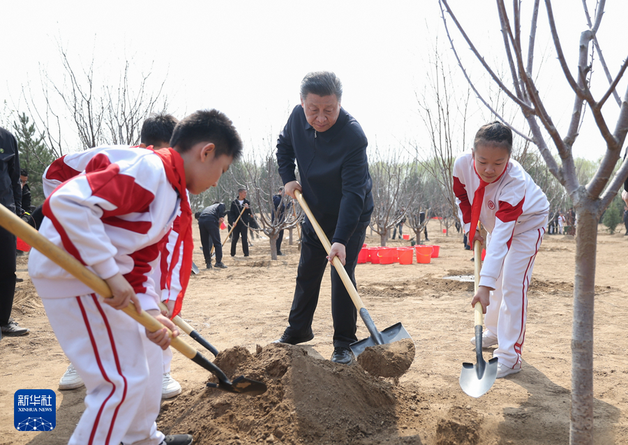 4月3日，党和国家领导人习近平、李强、赵乐际、王沪宁、蔡奇、丁薛祥、李希、韩正等来到北京市通州区潞城镇参加首都义务植树活动。这是习近平同大家一起植树。