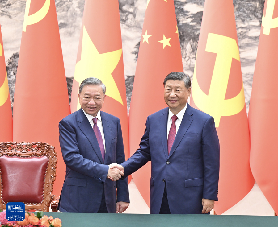 8月19日，中共中央总书记、国家主席习近平在北京人民大会堂同来华进行国事访问的越共中央总书记、国家主席苏林举行会谈。会谈后，双方共同见证签署关于党校、互联互通、工业、金融、海关检验检疫、卫生、新闻机构和媒体、地方、民生等领域多项双边合作文件。这是习近平同苏林握手。