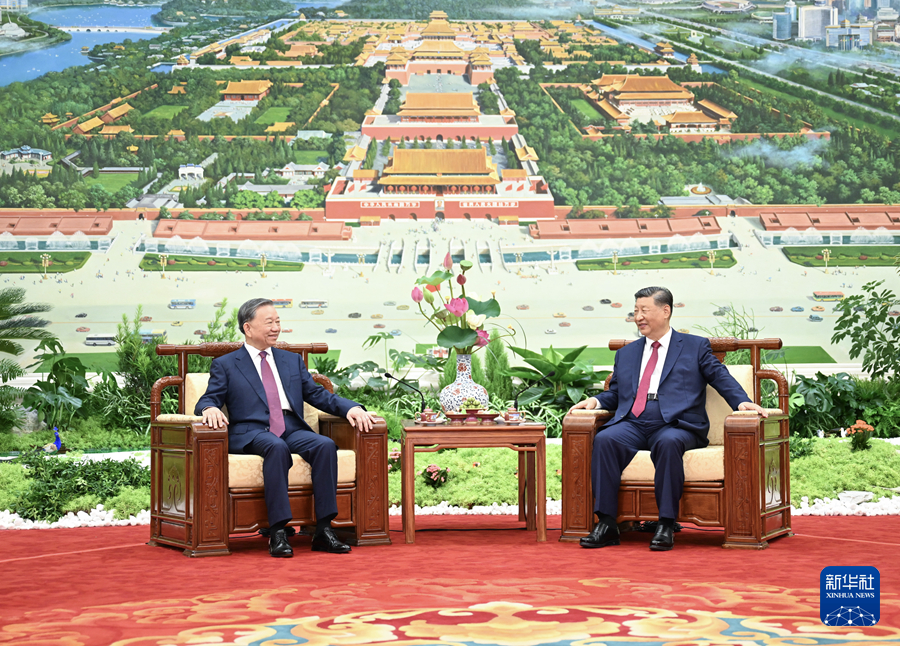 8月19日，中共中央总书记、国家主席习近平在北京人民大会堂同来华进行国事访问的越共中央总书记、国家主席苏林举行会谈。这是习近平同苏林进行小范围茶叙。