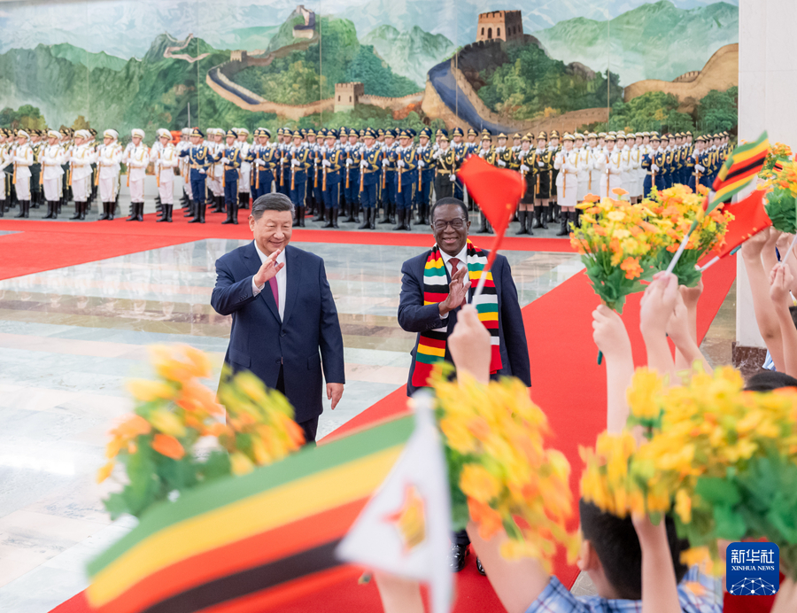 9月3日下午，国家主席习近平在北京人民大会堂同来华出席中非合作论坛北京峰会并进行国事访问的津巴布韦总统姆南加古瓦举行会谈。这是会谈前，习近平在人民大会堂北大厅为姆南加古瓦举行欢迎仪式。