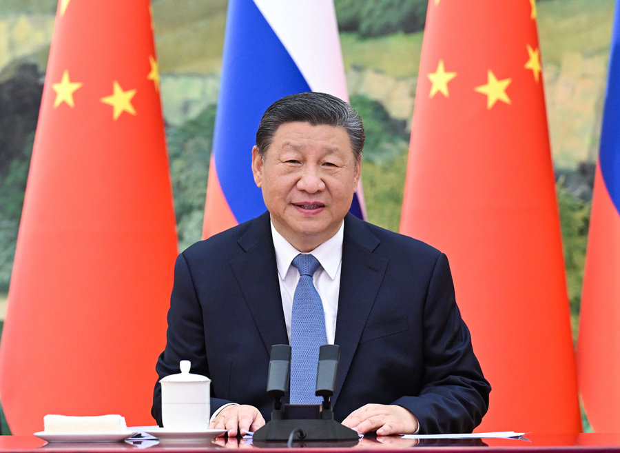 1月21日下午，国家主席习近平在北京人民大会堂同俄罗斯总统普京举行视频会晤。