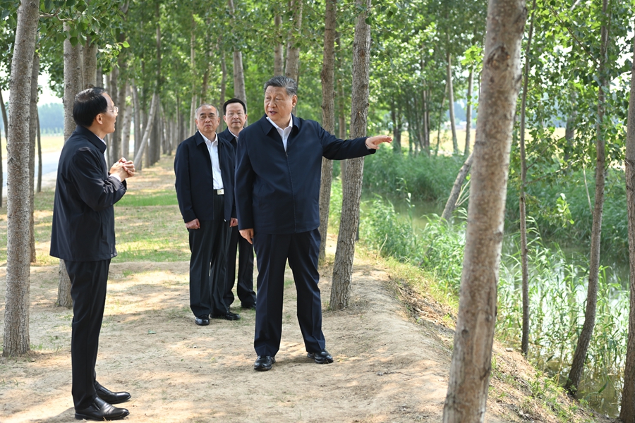 6月24日，中共中央总书记、国家主席、中央军委主席习近平在山东省德州市考察。这是习近平在陵城区边临镇东于架村农田灌渠边察看水肥一体化设施。