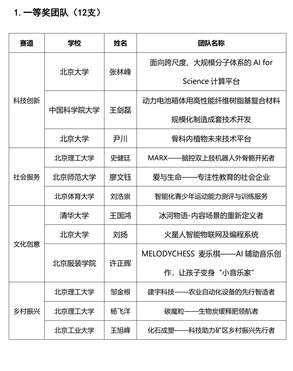 一等奖团队（12支）