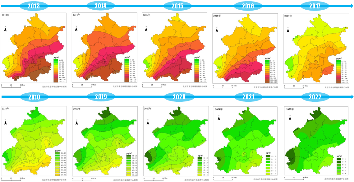 图7 2013-2022年PM2.5年均浓度空间分布变化