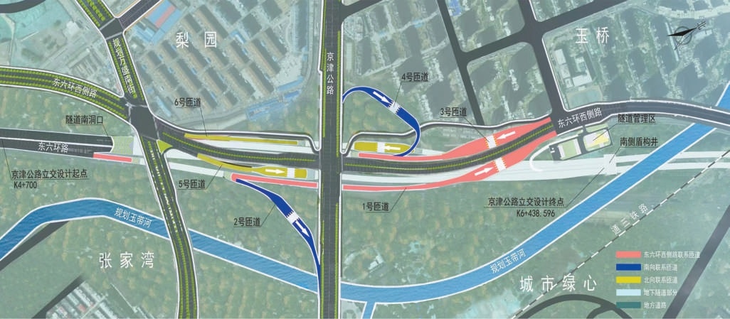 土桥地下立交桥建成后，将有6条匝道连接3条主干路（示意图）。