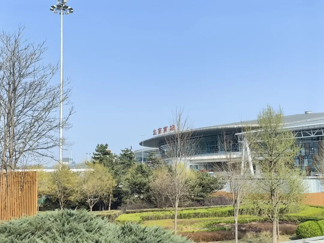 北京南站，站前翠色映眸长，桃蕊嫣然笑路旁。