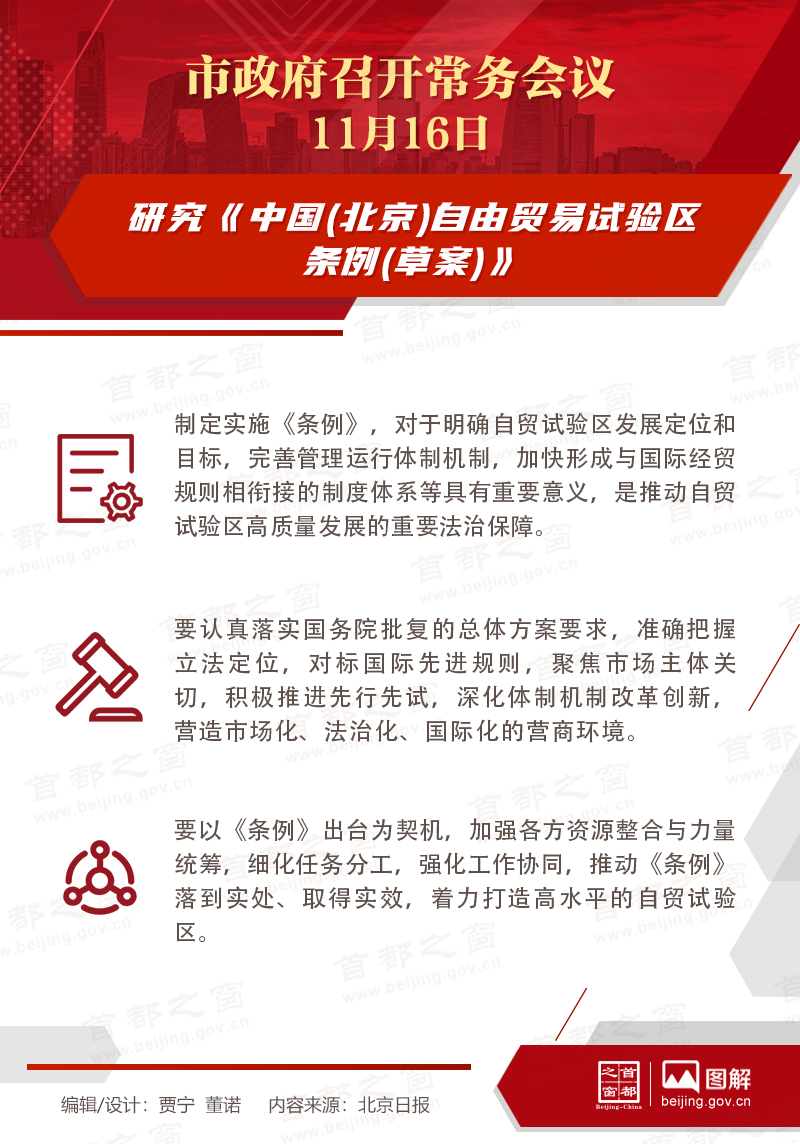 市政府常务会议：研究《中国(北京)自由贸易试验区条例(草案)》