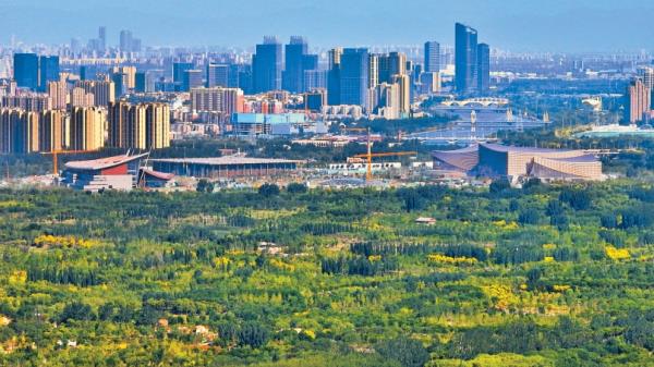 城市副中心商务区与城市绿心森林公园融为一体，焕发勃勃生机。