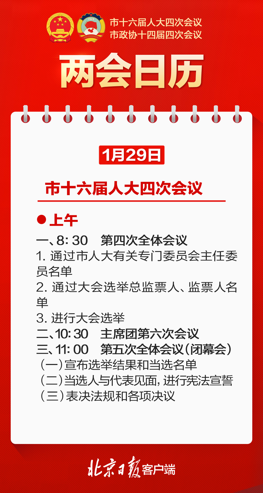 两会日历｜北京市十六届人大四次会议1月29日上午闭幕