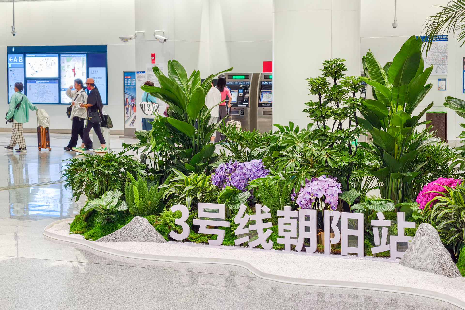 近日，北京地铁3号线朝阳站完成站内景观升级，以绿植造景，打造站内休憩空间。
