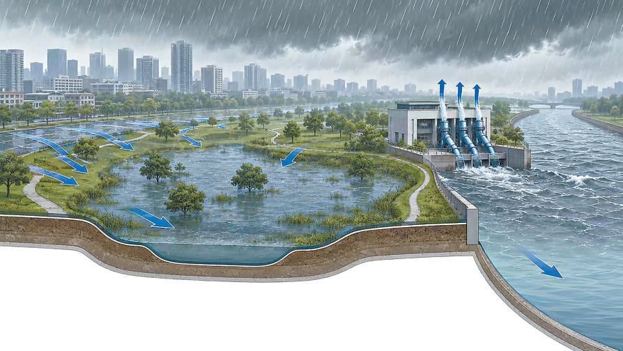 雨水进入城市蓄涝区排水示意图。 雨水进入城市蓄涝区排水示意图。