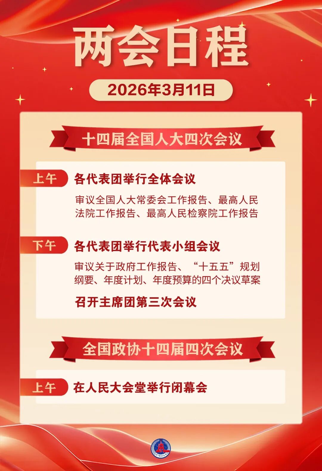 全国两会日程预告（3月11日）