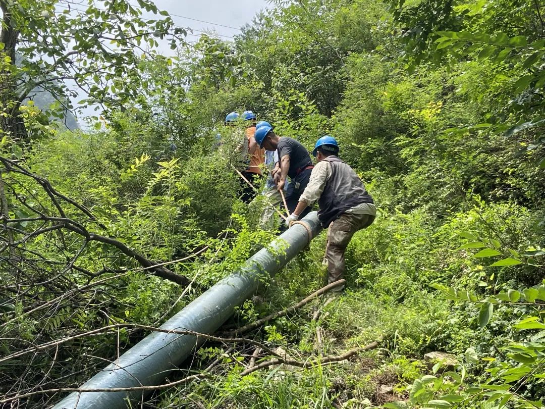 房山区霞云岭乡上石堡村，国网北京电力平谷电力保通抢修队在向山顶运电线杆，全力开展恢复低压供电工作。