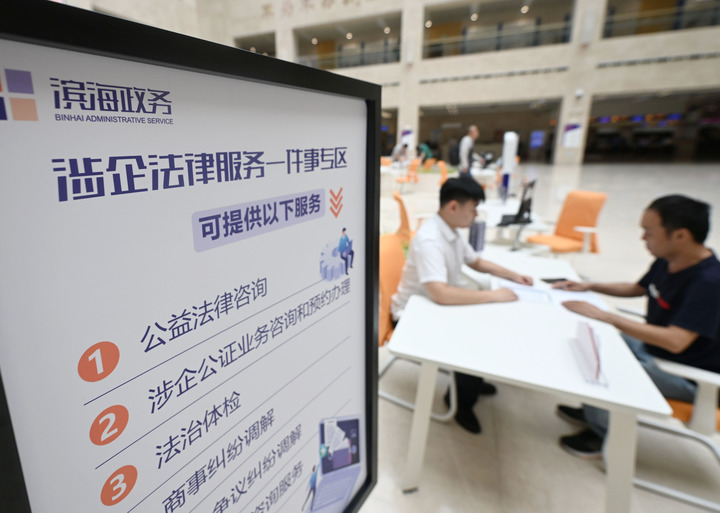 在天津滨海新区政务服务中心，工作人员在“涉企法律服务一件事”专区为市民提供服务（2024年7月31日摄）。