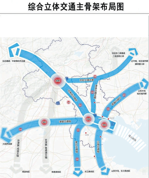 天津市综合立体交通网主骨架布局图。 天津市综合立体交通网主骨架布局图。